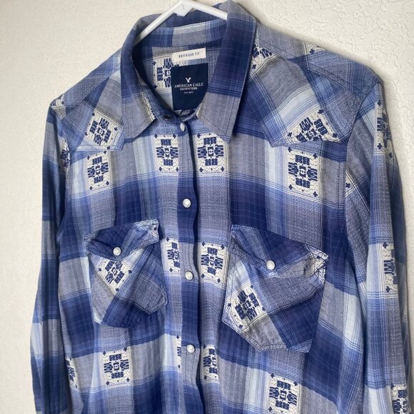 American Eagle Outfitters Snap Button Shirt Womens L Boyfriend Fit Plaid Blue We - Picture 4 of 10